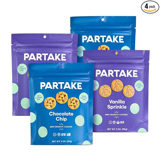 Partake Gluten Free Crunchy Chocolate Chip & Vanilla Sprinkle Cookies Variety Pack - Vegan - Free From the Top 9 Allergens Including Dairy, Wheat, Soy, Eggs, & Peanuts - Non GMO - Safe School & Office Snack (4 Pack, 4oz Resealable Bags)