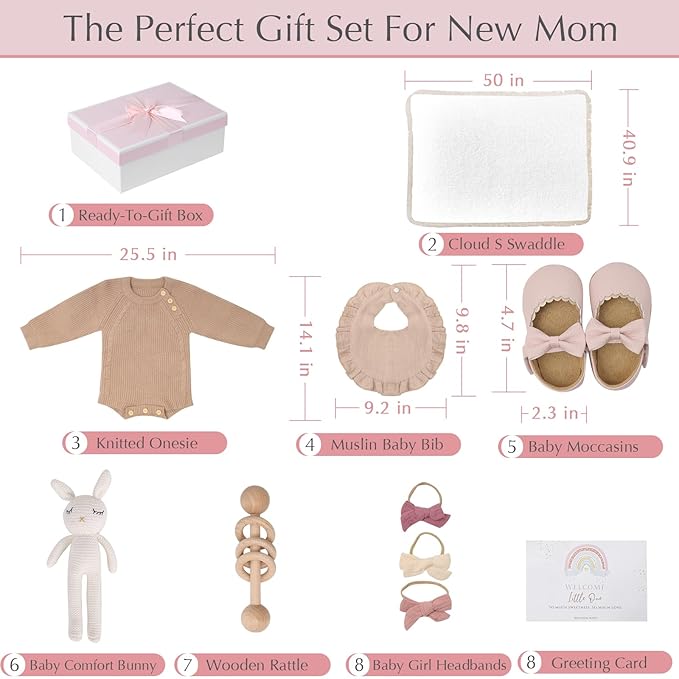 meloom Deluxe Baby Girl Gift Set, Newborn Baby Shower Gifts Basket, Newborn Gifts Box, Boho Baby Girl Essentials, Baby Shower Gifts for New Moms, Personalized New Baby Gifts