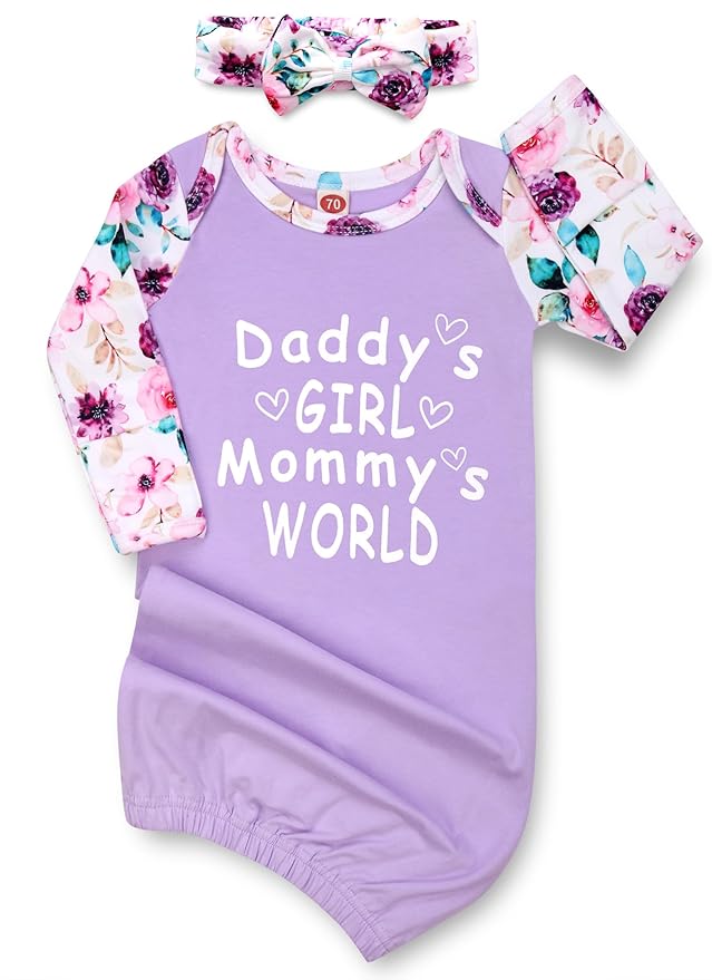 Newborn Baby Girl Gown 0-6 Months, Super Soft Newborn Sleepers Gown, Long Sleeve Infant Nightgown for Girls Boys, Baby Girl Outfit Essential with Headband Set Purple
