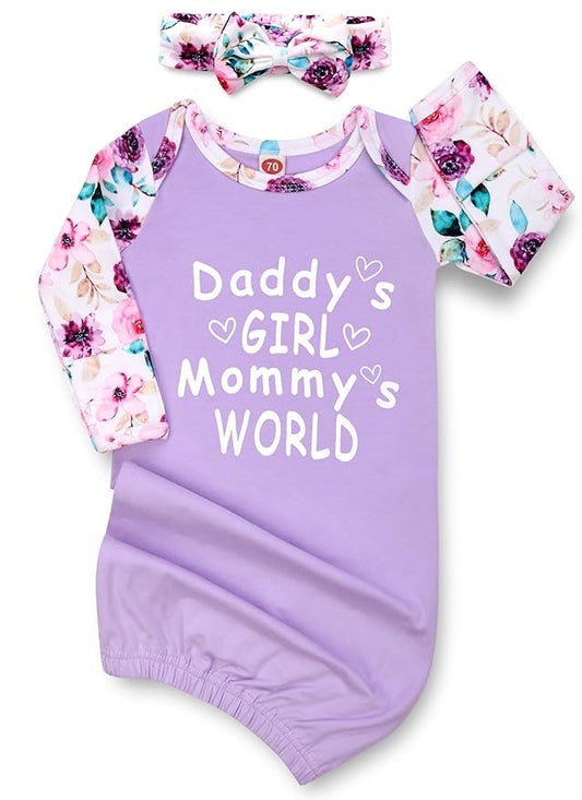Newborn Baby Girl Gown 0-6 Months, Super Soft Newborn Sleepers Gown, Long Sleeve Infant Nightgown for Girls Boys, Baby Girl Outfit Essential with Headband Set Purple