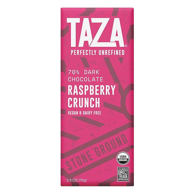 Taza Chocolate Organic Amaze Bar 70% Stone Ground, Raspberry Crunch, 2.5 Ounce (10 Count), Vegan