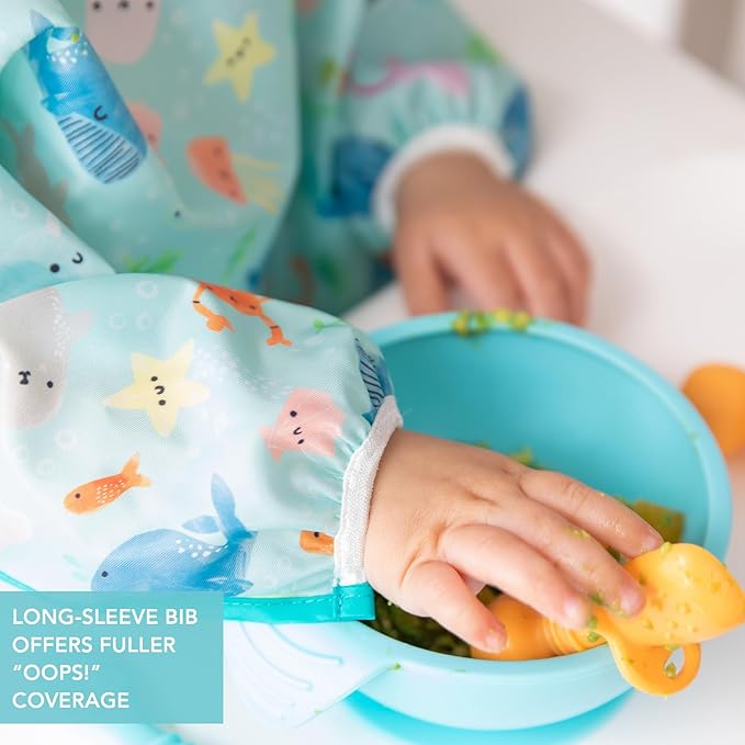 Bumkins - SuperBibs + Sleeved Bib - For Boys & Girls, Babies & Toddlers 6-24 Months - Lightweight, Durable, Waterproof - Catch-All Pocket -Wipeable & Machine Wash -Ocean Life & Whale Tail Blue -3 Pack