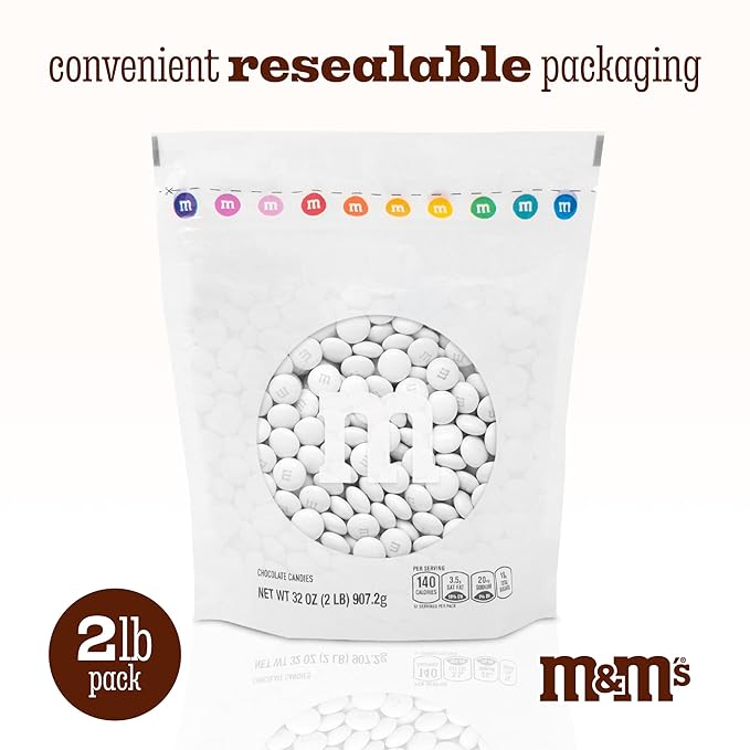 M&M’S WORLD White Milk Chocolate Candy, 2lbs Resealable Pack for Candy Bars, Wedding Receptions, Graduations, Birthday Parties, Easter, Dessert Tables & DIY Party Favors