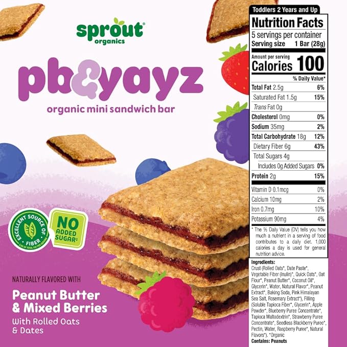 Sprout Organics, PB & Yayz Toddler Snack Bars, Mixed Berry & Peanut Butter, 5 Individual Bars 1 oz Each (6-boxes)
