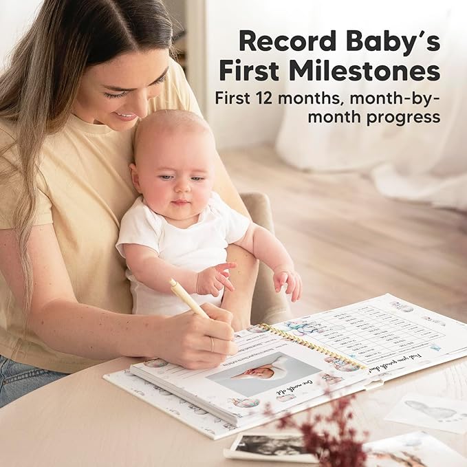 First 5 Years Baby Memory Book Girl, Boy - 90 Pages Hardcover First Year Milestone Keepsake Book, Newborn Scrapbook for New Parents, Minimalist Photo Album Journal, Gift for Baby Shower(AdventureLand)