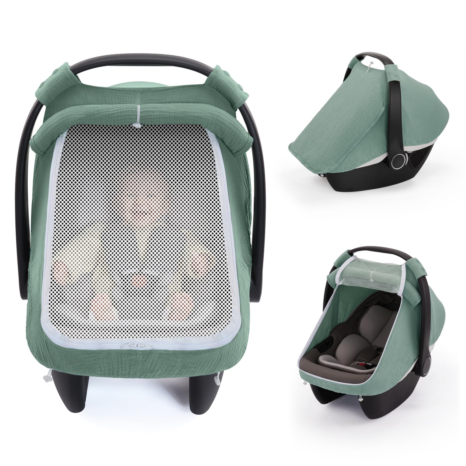 blissful-diary-baby-car-seat-cover-extra-large-mesh-window-breathable-muslin-cotton-infant-windproof-canopy-must-have-baby-gift-roman-green