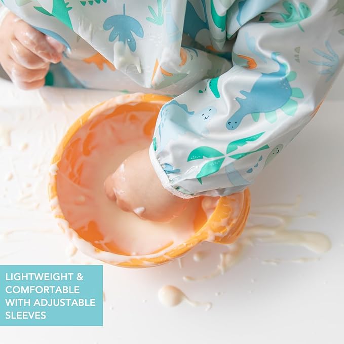 Bumkins - Sleeved Bib - For Boys & Girls, Babies & Toddlers 6-24 Months - Lightweight, Durable, Waterproof -Long Sleeve Bib -Catch-All Pocket -Wipeable & Machine Washable -Dinosaurs & Outdoors -2 Pack