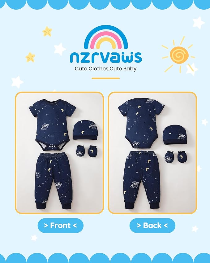 NZRVAWS Newborn Baby Boy Girl Clothes Unisex Infant Romper Pants Set Hat 4-Pack Outfits 0-12 Months 16 Pieces Toddler