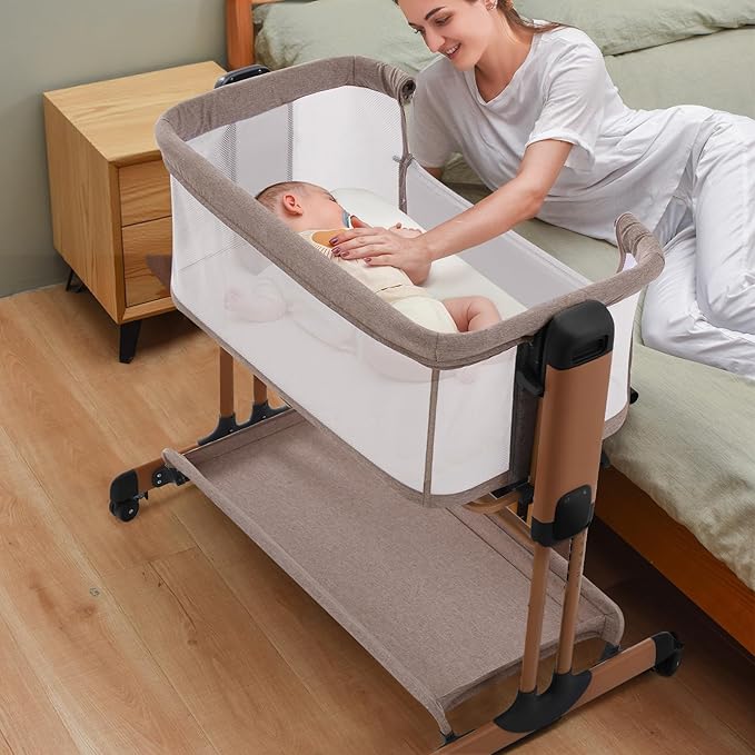 3 in 1 Baby Bassinet, Rocking Bassinets with Comfy Mattress and Wheels, Adjustable Height Bassinet Bedside Sleeper, Easy Folding Portable Crib for Newborn (Khaki)