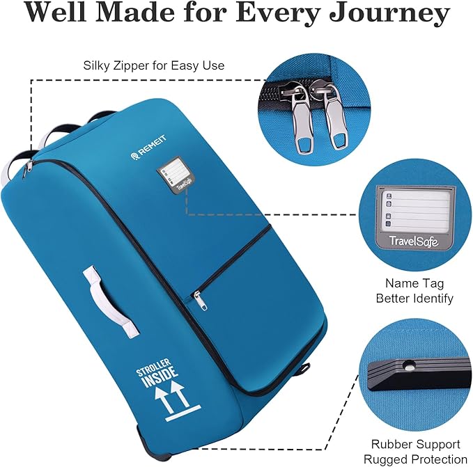 Stroller Bag for Airplane, Stroller Travel Bag Compatible with UPPAbaby Vista, Vista V2, Cruz V2, Rolling Wheel Bag with Storage Pocket, Multiple Handles, Luggage Tag for Flight Travel, Blue