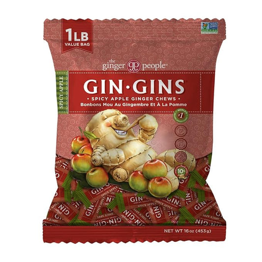 GIN GINS Spicy Apple Ginger Chews – Natural Fresh Ginger Candy by The Ginger People – Individually Wrapped Healthy Candy – Spicy Apple Ginger Flavor – Large 1 lb Bag (16oz) – Pack of 1
