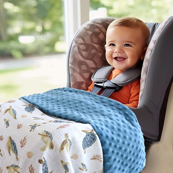 LifeTree Baby Blankets for Boys Girls, Soft Double Layer Swaddle Blankets, Muslin Front and Dotted Fleece Backing Receiving Bed Throw Blanket for Newborn Unisex, 31X40 Inches, Seaturtle