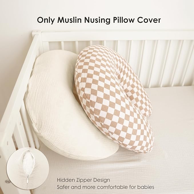 2-Pack Muslin Nursing Pillow Covers, Breathable 100% Cotton Breastfeeding Pillow Slipcovers for Standard Nursing Pillows, Soft Covers for Baby Girls and Boys with Zipper