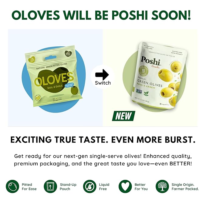 Poshi Green Pitted Olives | Basil & Garlic | Vegan, Kosher, Gluten Free + Keto Friendly, Fresh, Low Calorie Healthy Snacks | (30 Pack, 1.1oz Bags)