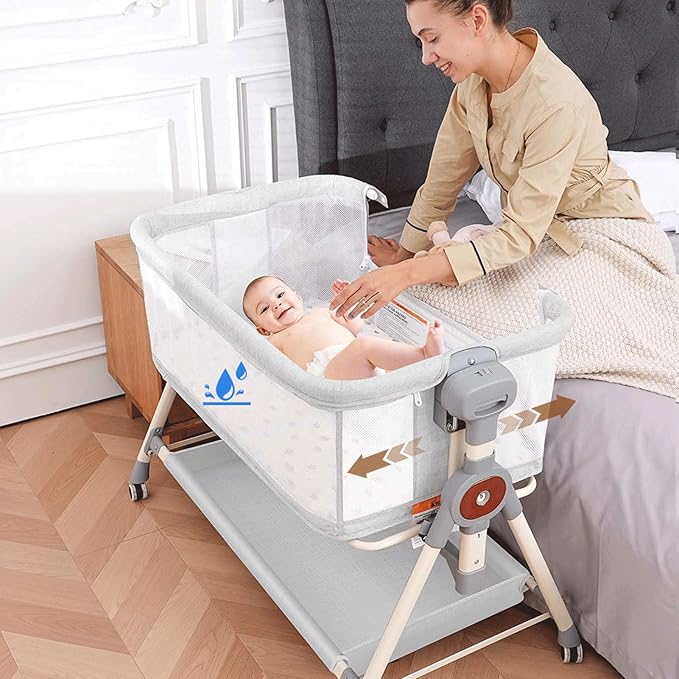 Baby Bassinet,Rocking Bassinet with Waterproof Sheet,3 in 1 Baby Bassinets Bedside Sleeper,6 Height Adjustable Bedside Bassinet for Newborn(Light Grey)