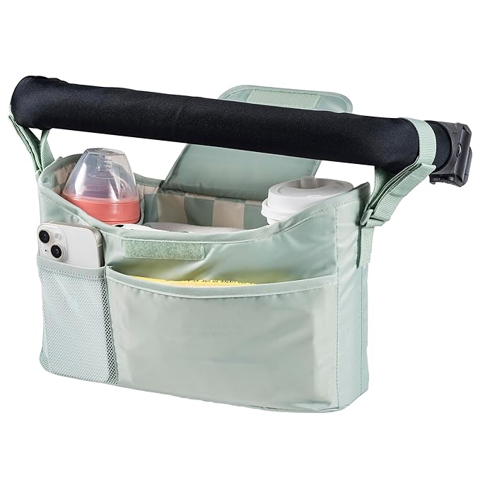 Tiny Twinkle Universal Stroller Organizer with Adjustable Strap - Waterproof Caddy Fits Baby Jogger, Nuna, Graco, Donna and Bugaboo Stroller | Sage Checkers
