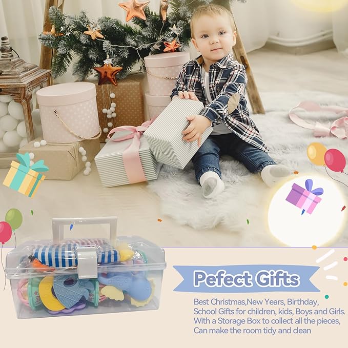 15PCS Rattles for Babies 0-6 Months - BPA-Free Baby Rattles 0-3, 6-12 Months for Newborn Soft Teething Toys Infant Toys with Wrist & Ankle Rattles, Baby Gift Set with Box for Hand-Eye Coordination