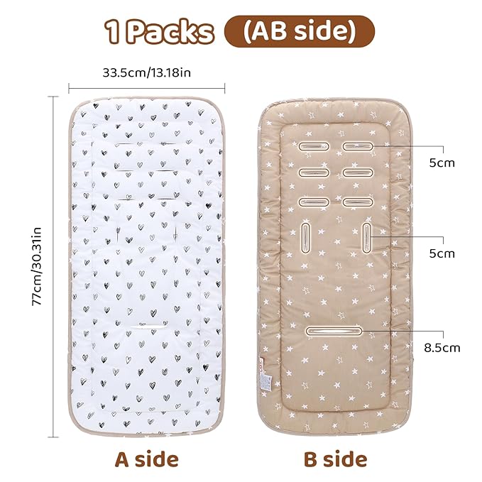 Baby Stroller Cushion,Infant Car Seat Insert-Reversible Universal Breathable and Soft Newborn Stroller Mat,100% Cotton Cover Toddler Seat Pad Liner-34x78cm,1 Pack(Black Heart+Khaki)