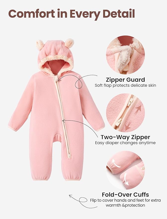 PATPAT Fleece Hooded Footed Romper Clothes, Soft Warm Footie Covers, Car Seat Friendly, Easy Zip, Cute Boy Girl