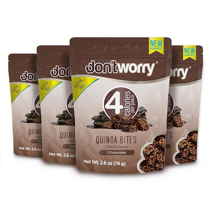 Don't Worry Chocolate Quinoa Bites - Low Calorie Snacks, Only 4 Calories per Piece, Healthy Granola Mini Bars, Low Carb Quinoa Crisps, Gluten Free Protein Snack - (Chocolate, 4 Pack)