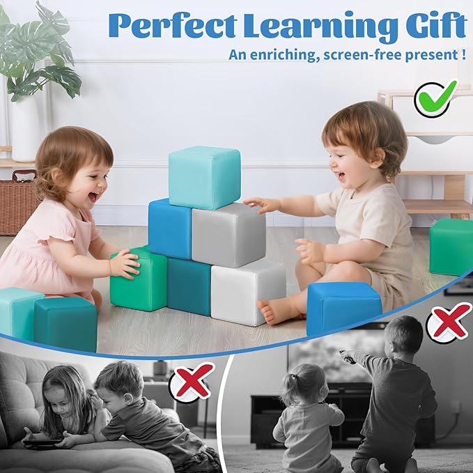 Foam Building Blocks for Toddlers：12-Pieces Wipeable Leather Stacking Cubes Kids - Large Soft Toys Play Set for Learning Construction Baby Preschool Daycare Therapy Birthday Gift (Modern)