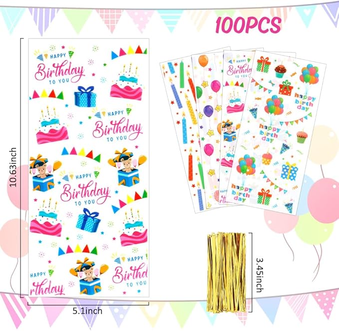 100 PCS Happy Birthday Cellophane Treat Bags(5.1x10.6 Inch) with Ties Colorful Plastic Goodie Candy Cookie Goody Loot Gifts Bags Bulk Pouches for Birthday Party Favors Supplies Decorations for Kids