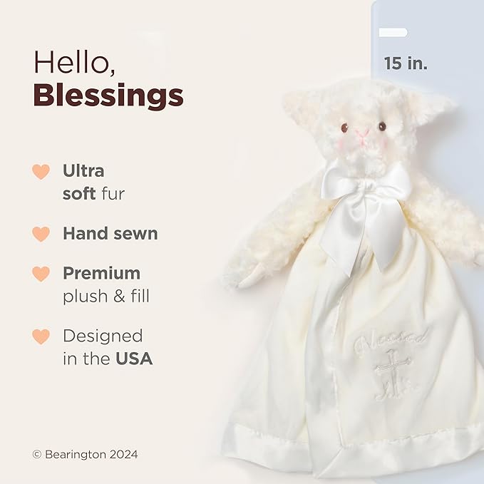 Bearington Collection Lamb Plush Security Blanket Lovey Christening Stuffed Animal - 15 in White Satin Trim - Baptism Lamb Security Blanket
