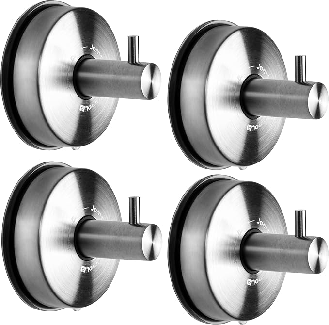 JOMOLA Suction Cup Shower Hooks for Hanging Towel Suction Hook for Inside Shower Stainless Steel Coat Hooks Wall Mounted Kitchen Utensil Stainless Steel, Brushed Finish, 4PCS