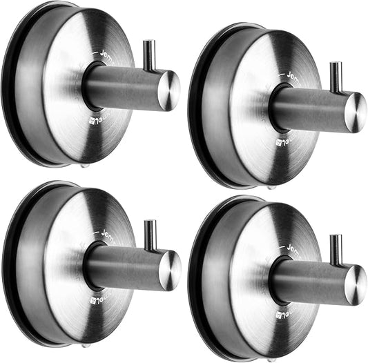 JOMOLA Suction Cup Shower Hooks for Hanging Towel Suction Hook for Inside Shower Stainless Steel Coat Hooks Wall Mounted Kitchen Utensil Stainless Steel, Brushed Finish, 4PCS