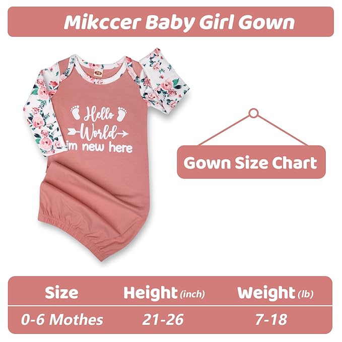 Newborn Baby Girl Gown 0-6 Months, Super Soft Newborn Sleepers Gown, Long Sleeve Infant Nightgown for Girls, Baby Girl Outfit Essential with Headband Set Pink