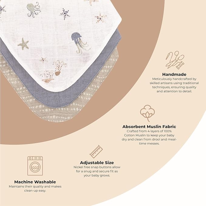 Crane Baby Bib Set, 100% Cotton Baby Bibs, Set of 3 Sea Life Cotton Muslin Bibs, Bandana Bibs Baby Bibs For Eating, Baby Eating Essentials, Drool Bibs, Baby Boy or Baby Girl Gifts, Newborn Bibs