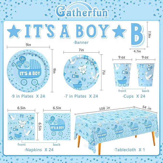 Baby Boy Shower Decorations for 24 Guests - It’s A Boy Decorations Kit Including Disposable Plates, Napkins, Cups, Tablecloth & Banner for Baby Shower Decorations Boy