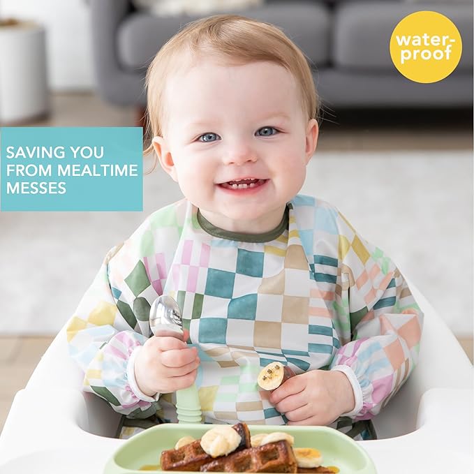 Bumkins Sleeved Bib for Girl or Boy, Baby and Toddler for 6-24 Mos, Essential Must Have for Eating, Feeding, Baby Led Weaning Supplies, Long Sleeve Mess Saving Food Catcher, Soft Fabric, Multi Check