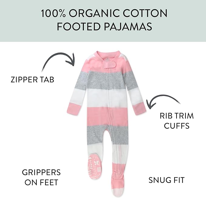 HonestBaby Non-Slip Footed Pajamas One-Piece Sleeper Zip-Front Pjs 100% Organic Cotton for Baby Girls