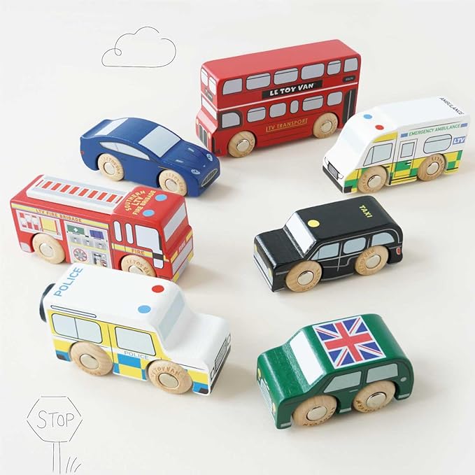 Le Toy Van London Car Set Premium Wooden Toys for Kids Ages 3 Years & Up (TV267), 7-pk