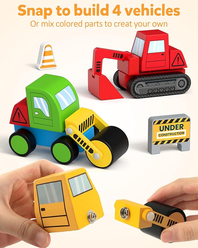 Coogam Snap Together Vehicle Toys for Toddlers, Wooden Montessori Take Apart Construction Engineering Car - Assembly Building Game, STEM Fine Motor Educational Toy Gift for Kids Ages 3-8