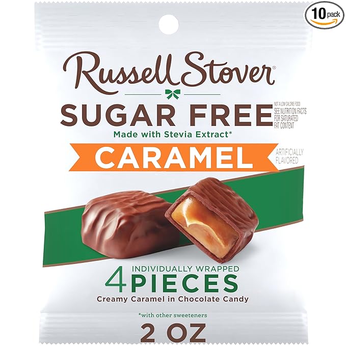 RUSSELL STOVER Sugar Free Caramel in Chocolate Candy, 2 oz. bag (Pack of 10)