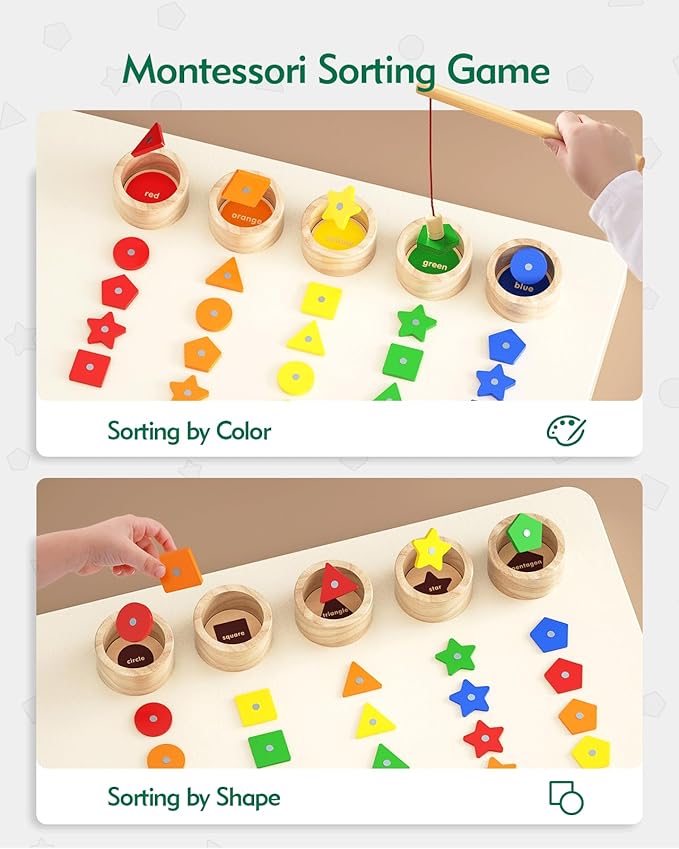 Boby Montessori Toy 2-in-1 Wooden Sorting Cup&Magnetic Fishing Game-Educational Puzzle Toy for Toddlers 1-4 Year Old,Colors Shapes Sorting&Matching Games for Toddlers Developmental Toys