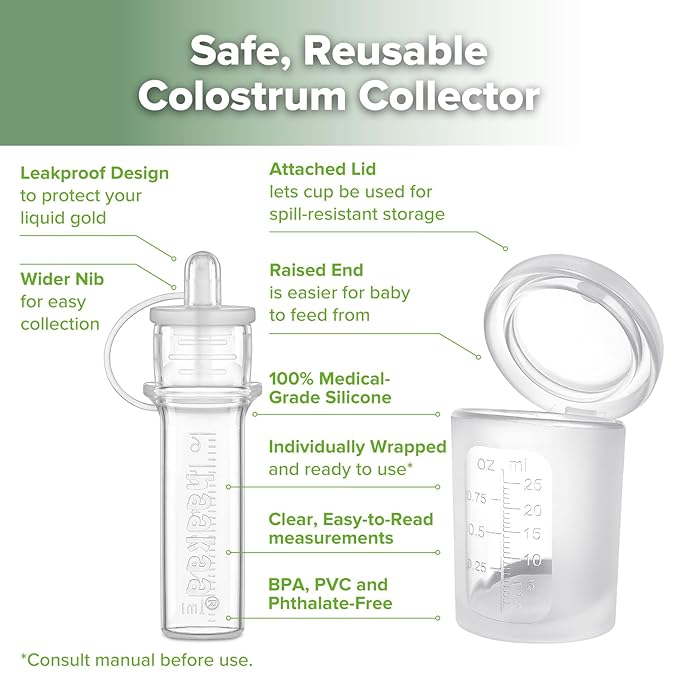 haakaa Colostrum Collectors 6ml/6pcs & Lidded Feeding Cup 25ml/1pc Set- Collect, Store & Feed Colostrum in One, Ready-to-Use Individually Wrapped, Reusable & Leakproof Colostrum Syringes