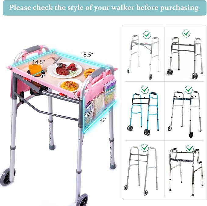 BAGSFY Walker Tray with Cup Holder & 2 Side Pockets, Folding Walker Table for Seniors | Sturdy, Easy-Clean Tray with PEVA Surface | Universal Fit for Standard Walkers, Walker Accessory for Elderly