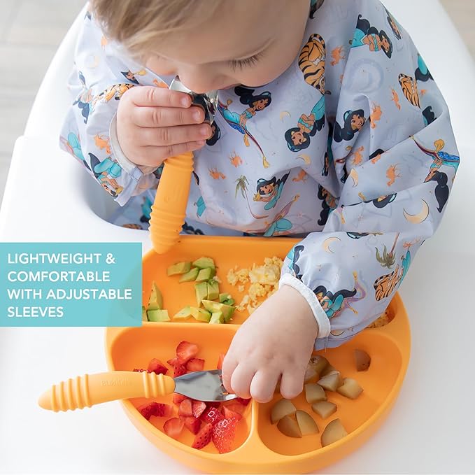 Bumkins Disney Sleeved Bib for Girl or Boy, Baby and Toddler for 6-24 Mos, Essential Must Have for Eating, Feeding, Baby Led Weaning Supplies, Long Sleeve Mess Saving Food Catcher, Jasmine