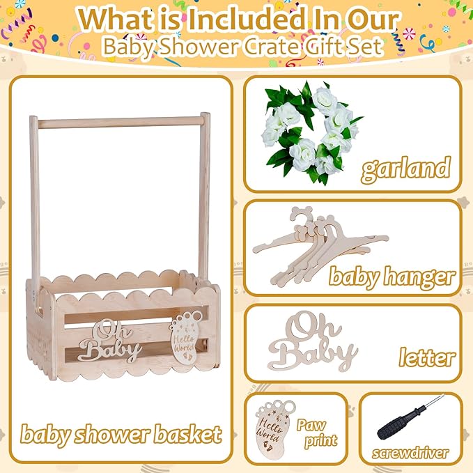 efluky Wooden Baby Shower Crate Closet with Handle,Storage Basket,Baby Clothes Hangers, Newborn Boy Girl Welcome Gift Basket