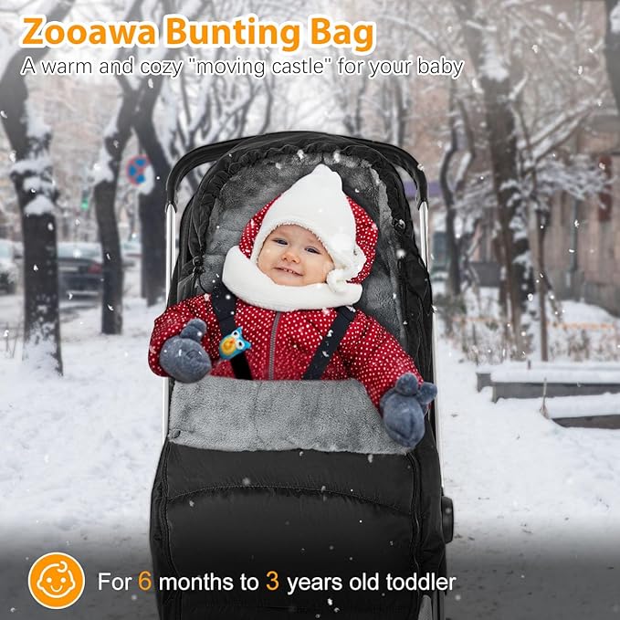 Zooawa Stroller Bunting Bag Universal, Waterproof Baby Stroller Footmuff, Stroller Sleeping Bag for Cold Weather, Extra Thick, Fits 6-36 Months Baby, Black