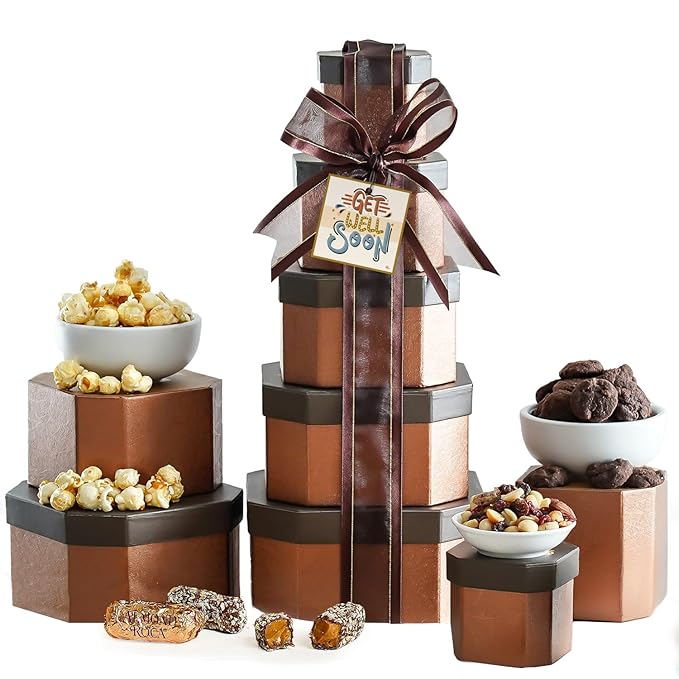 Get Well Basket Tower – Care Package with Gourmet Snacks for Women & Men, After Surgery Gifts, Thinking of You Treats, Feel Better Soon Gift Box by Broadway Basketeers