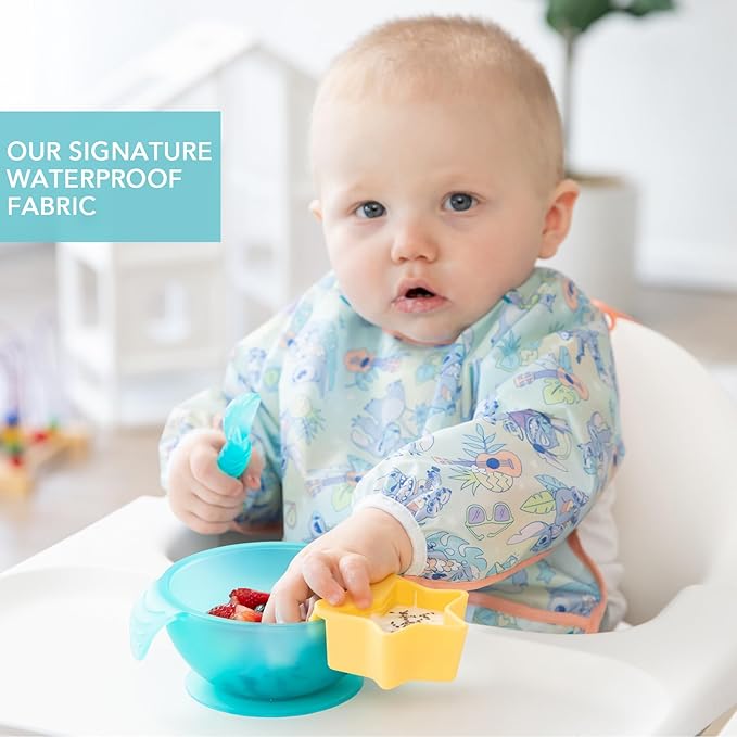 Bumkins Disney Sleeved Bib for Girl or Boy, Baby and Toddler for 6-24 Mos, Essential Must Have for Eating, Feeding, Baby Led Weaning Supplies, Long Sleeve Mess Saving Food Catcher, Aloha Stitch