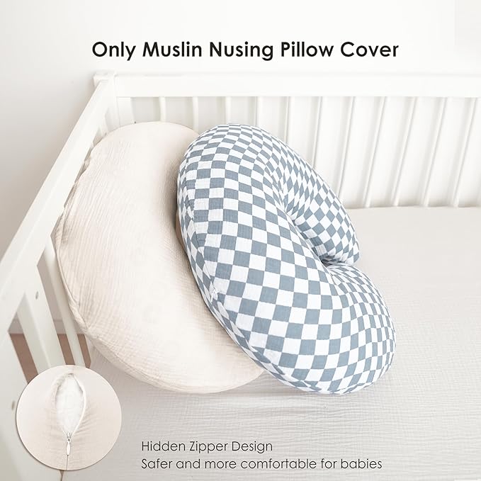 2-Pack Muslin Nursing Pillow Covers, Breathable 100% Cotton Breastfeeding Pillow Slipcovers for Standard Nursing Pillows, Soft Covers for Baby Girls and Boys with Zipper