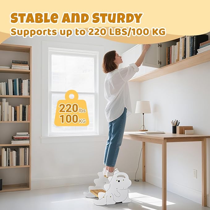 COSYLAND Height Adjustable Kids Step Stools - Supports Up to 220 LBS Wooden Step Stool for Toddlers, Portable Stepping Stools with Handle for Kitchen, Bathroom (Natural & White)