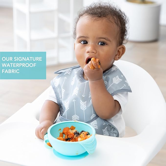 Bumkins Bibs for Girl or Boy, SuperBib Baby and Toddler for 6-24 Mos, Essential Must Have for Eating, Feeding, Baby Led Weaning Supplies, Mess Saving Catch Food, Waterproof Soft Fabric, Gray Arrows
