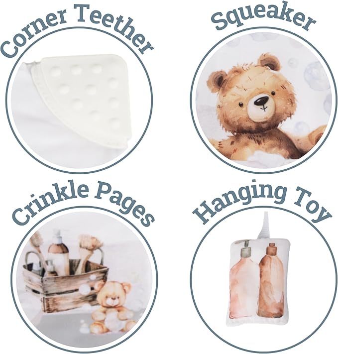 Ali+Oli Baby Cloth Book – Soft Sensory Crinkle Book with Teether for Infants 0-12 Months – Early Learning Touch & Feel Tummy Time Toy – Newborn Shower Gift for Boys & Girls - Bubble Bath