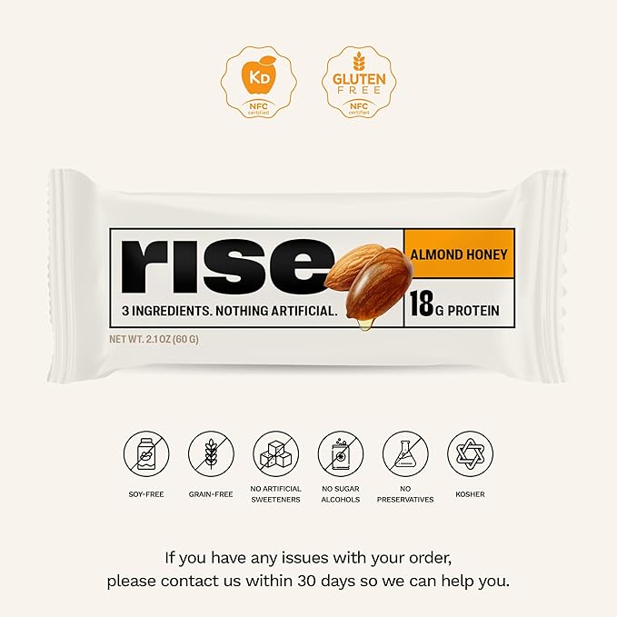 Rise Breakfast Whey Protein Bars Almond Honey, 18g Protein, 2.01 oz (12 Pack)